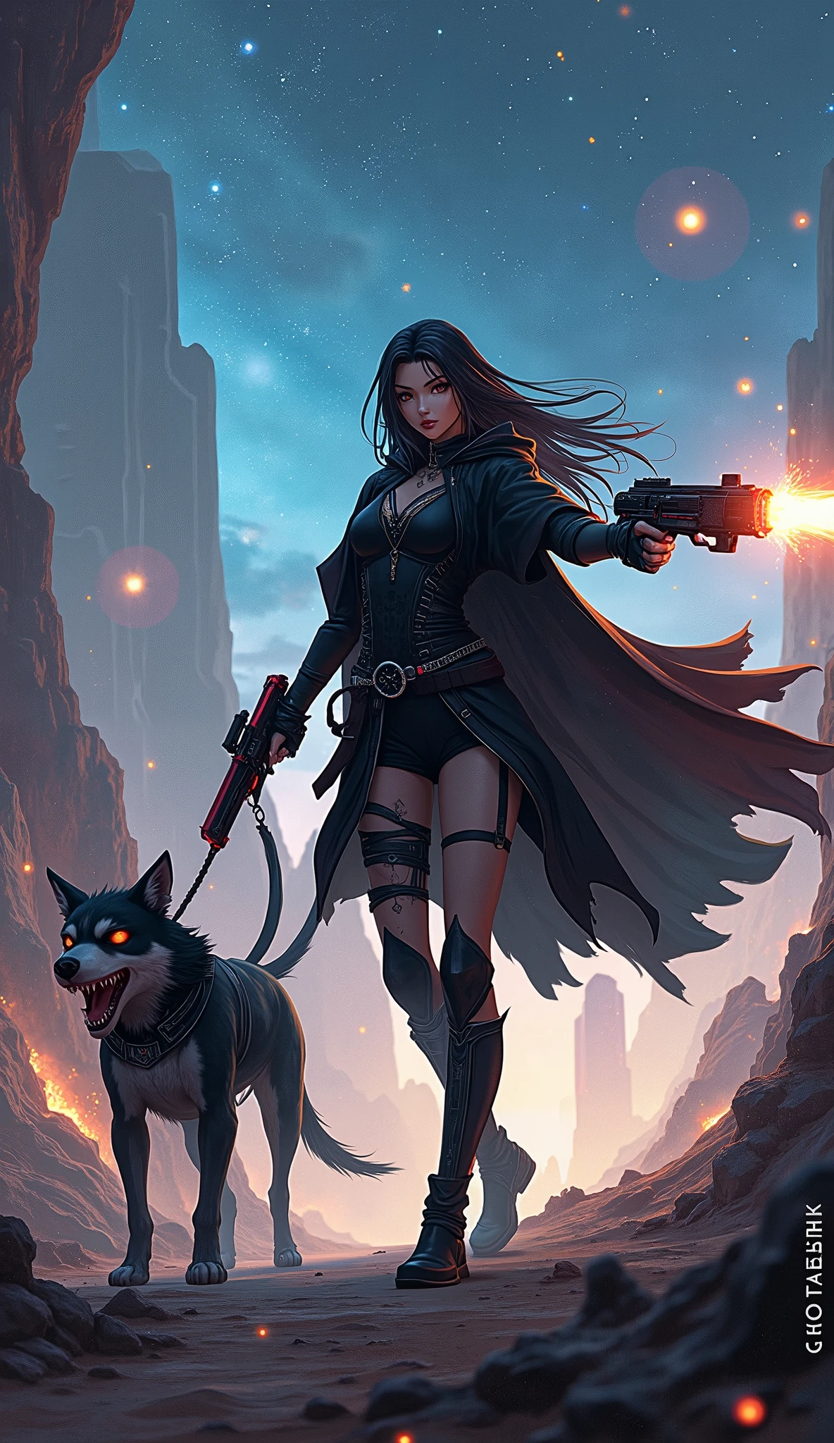 Sexy Anime, wear a headphone and mask, lazer katana, mistrious fog, 2 wolf stand near like horror, dark night, 8k, hd, sky lightning, text in bottom Evans Aces