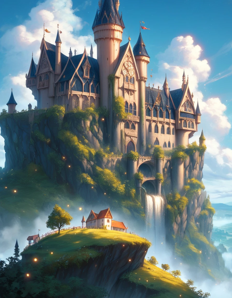 A highly detailed hyperealistic photograph depicting a fantastical mythic scene in Fanmytwor style. A medieval-style castle perched on a rocky cliff overlooking a serene, turquoise sea. The castle is illuminated by numerous warm, golden lights, casting a soft glow over the intricate stone architecture. The structure features tall, pointed spires and arched windows, giving it a gothic, almost ethereal appearance. The castle's exterior is adorned with lush, autumnal foliage, predominantly red and orange, adding a vibrant contrast to the cool, dark blue sky above, where stars are visible. The cliff face is rugged and steep, with natural rock formations and greenery clinging to its edges. The water below reflects the castle's lights, creating a mesmerizing, almost magical effect might view.
