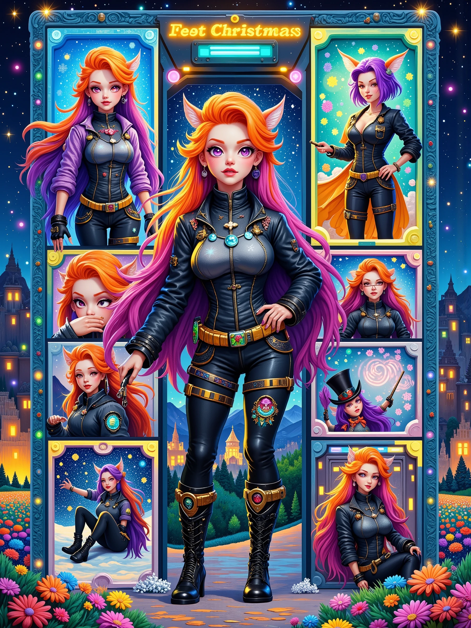3D 3D oil painting,Van Gogh oil painting,Fingerprint oil painting,3D relief,A photorealistic character sheet in a 9x9 grid layout featuring a single consistent character, a cyberpunk Christmas femme fatale. Each square should showcase different aspects of her design. Include close-ups of her striking features like neon orange or purple hair and piercing eyes enhanced with festive cybernetic implants that glow in the dark. Show variations of her outfits, highlighting sleek black leather jackets with snowflake motifs, high-tech accessories like magic wands with glowing runes, and edgy footwear with jingle bell buckles. Add elements like festive tattoos of reindeer and snowflakes and glowing circuitry on her skin that resembles Christmas symbols. The background should be a dark, futuristic cityscape on Christmas night with neon lights in the shape of Christmas trees and snowmen, emphasizing the character's bold and mysterious persona, The whole picture is brightly colored , full of life and vitality , and also shows the infinite charm of future technology