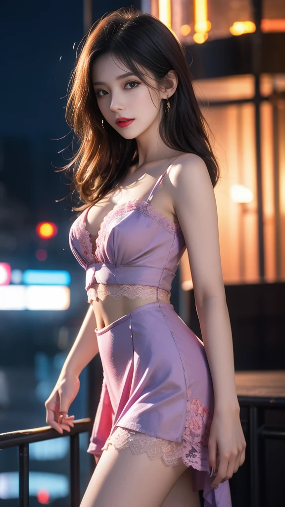 8k,  Ultra HD, masterpiece,  best quality,  1 girl, (Realistic face), Happy pace,  very long hair ,  small breasts,  decorative dress ,  very beautiful jewelry dress, ((light purple and red)), ((Lace)), Tower Skirt, sardine, Loop ,  Legendary Night Terrace , Depth of Field,  movie lights, Chromatic Aberration,  motion blur , Luminescence, Divine Light,  ray tracing , reflected light , Backlight, short navel ,