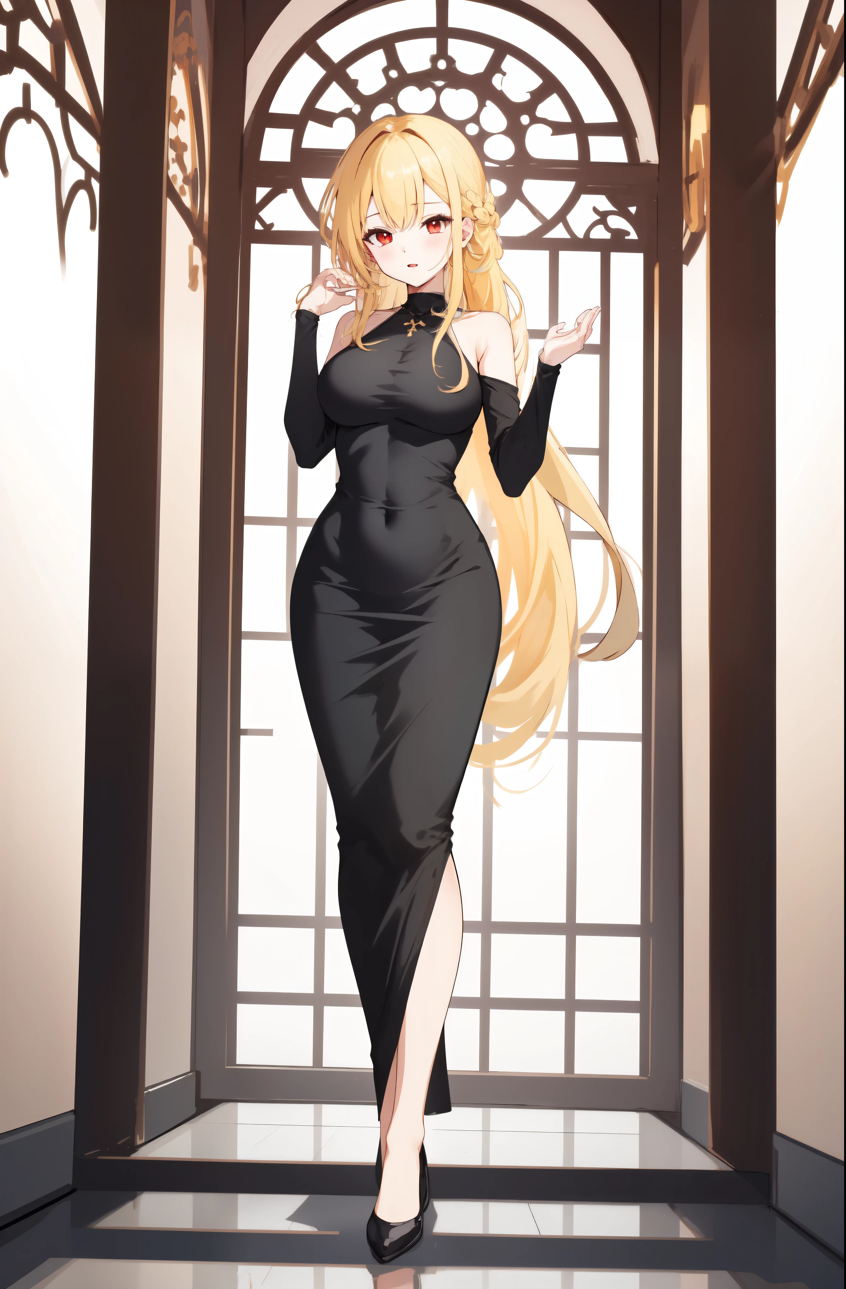 masterpiece, dress, black dress, Black dress, Black Dress, dongtan dress, Dongtan dress, Dongtan Dress, black dongtan dress, Black dongtan dress, Black Dongtan Dress, highres, Super detailed, very detailed, highest quality, best quality, super detailed, standing, high quality, high-definition, extremely detailed, mature female, full body drawing, Full body drawing, straight body, slender body, Slender body, Slender Body, (large breasts), (masterpiece), (best quality), (hyperdetail), (illustration), ((extremely delicate and beautiful)), (detailed light), (prefect's body), hanging hand over head, {{{{{long hair, Long hair, Blonde hair, blonde hair, blonde, Blonde, Red eye, red eye, Red Eye, binyeo, Binyeo}}}}}, sexy, sexy belly line