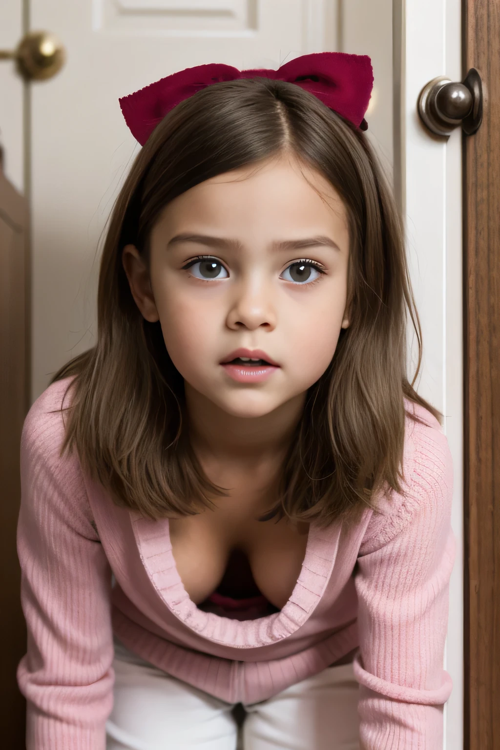 Portrait of a shocked  ie girl standing in a closet doorway.  Pink sweater. Bow in hair. Blonde hair. Close up. Cleavage 