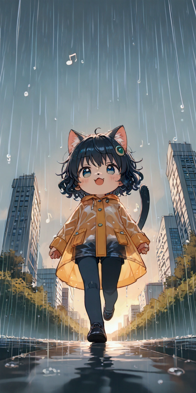 
heavy storm,wind,(heavy rain:1.5), (big raindrops:1.5), (rainy sky:1.5),(many rain ripples:1.3). 1girl/((catgirl:1.3),(furry:1.2),kemono,(chibi:1.2),cat ear,cat eye,cute, kawaii,hair floating, hair shining brightly, curly hair, short hair, messy hair, eye color cosmic, big eyes, (dynamic angle:1.4),(from below:1.4), long shot,short pants,(Walking:1.5) dynamically, (steps:1.3), skipping, (walk heavy steps:1.4),(big smile:1.3),open mouth,fangs,wet hair, wet, cute raincoat,happy,dynamic,in distance,full body,floating,looking up,(many colorful music notes:1.3)\) .background\(heavy rain, dark sky, beautiful waterdrops, long shot,city\),(from below:1.7),(ground level shot:1.7),(from directly below:1.7). score_9, score_8_up, score_7_up, score_6_up, score_5_up, score_4_up, source_anime,source_furry,rating_safe,rating_questionable,masterpiece, best quality, perfect anatomy , very aesthetic , absurdres,,realistic rain, high speed shutter, (fisheye lens), (focus on waterdrops), (landscape of sky:1.5), (dynamic angle:1.3),(long shot),(wide shot)