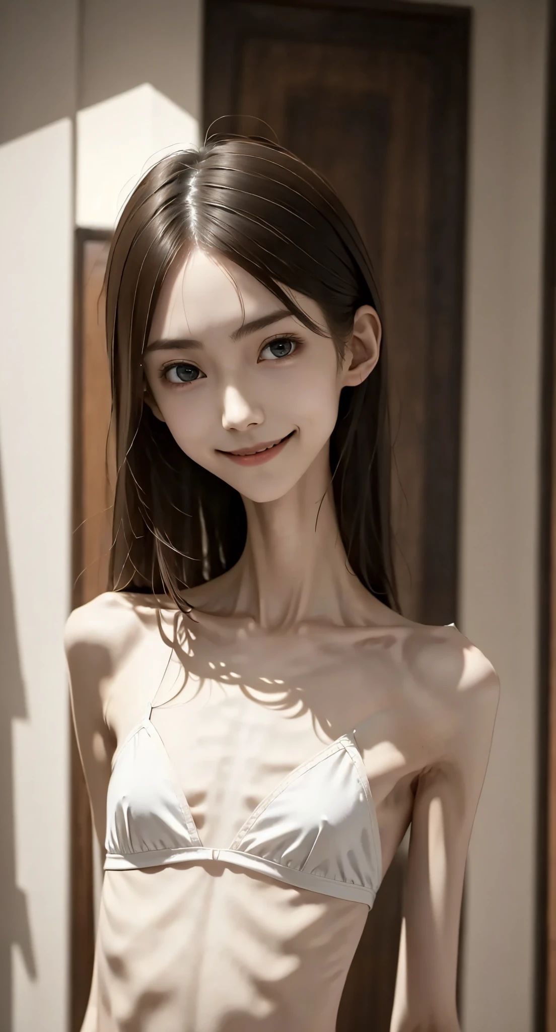 Thin arms,Narrow shoulders,delicate, very skinny ,公式art,  Unity 8k Wallpaper,  super detailed, beautiful, beautiful, masterpiece,  best quality, Darkness,  vibe, mystery, Romanticism, Creepy, literature, art, fashion,  victorian , race,  supernatural ,smile, white skin