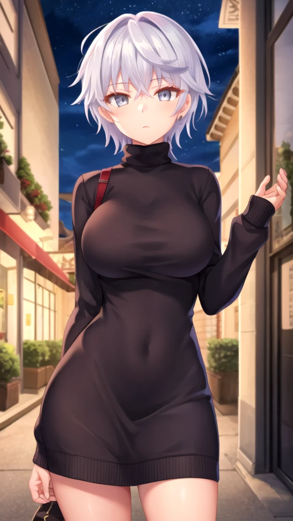 masterpiece, best quality, girl, solo, looking at viewer, lugh_tuatha_de, white hair, grey eyes, large breasts, sweater dress, long sleeves, turtleneck, outdoors, street, standing, cowboy shot, night