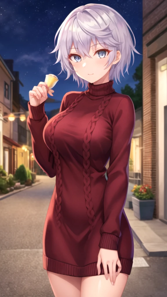 masterpiece, best quality, girl, solo, looking at viewer, lugh_tuatha_de, white hair, grey eyes, large breasts, sweater dress, long sleeves, turtleneck, outdoors, street, standing, cowboy shot, night