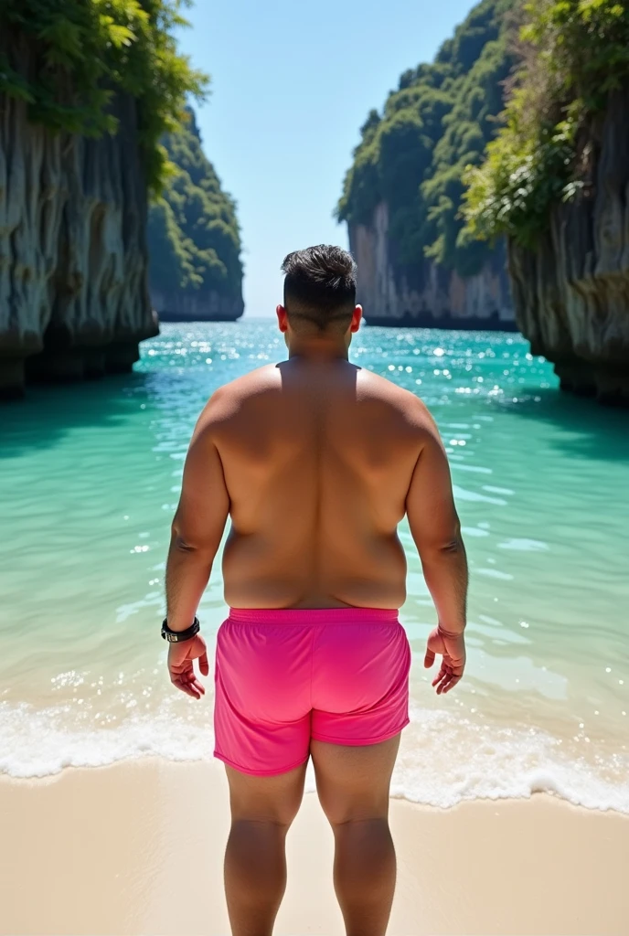 Chubby man naked waving from the distance