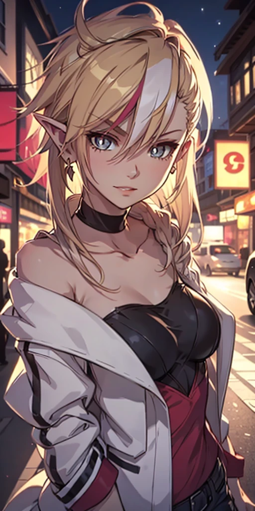 Very beautiful young elf wearing clothes in futuristic urban style in a city in the desert. Futuristic and technology. Walking with a pink-haired goddess and a handsome young man with a beard and ninja-cut hair. On an avenue.