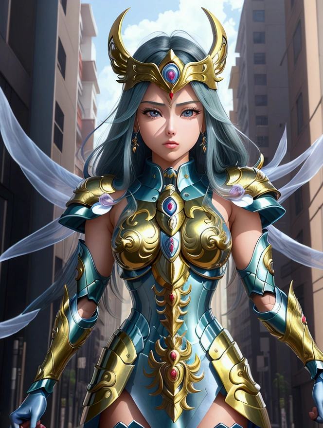 1girls, beautiful, Saint Seiya, In city, front view, potrait hyper realistic image 