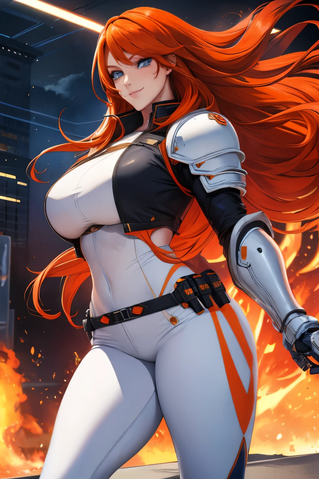 masterpiece, best quality, Woman , pretty face, long orange hair, ginger hair, blue eyes, smiling, White cyber armor, black pants,