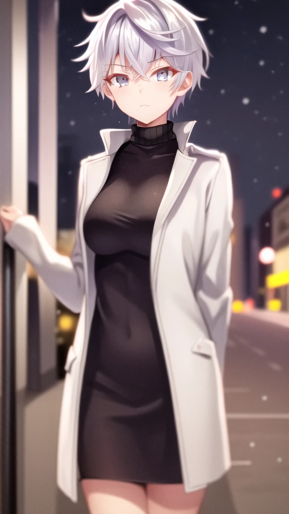 masterpiece, best quality, girl, solo, looking at viewer, lugh_tuatha_de, white hair, grey eyes, large breasts, sweater dress, long sleeves, turtleneck, outdoors, street, standing, cowboy shot, night