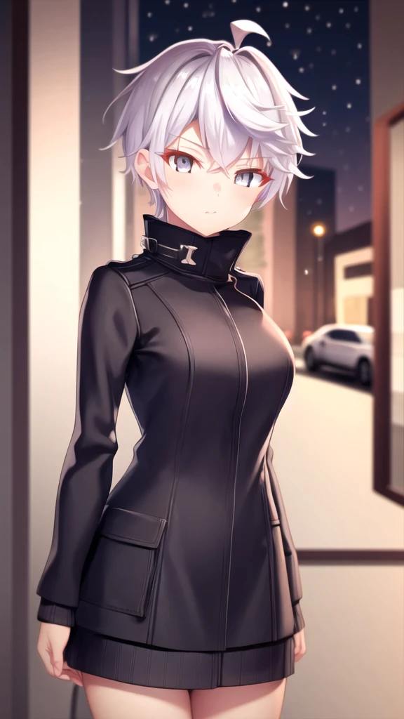 masterpiece, best quality, girl, solo, looking at viewer, lugh_tuatha_de, white hair, grey eyes, large breasts, sweater dress, long sleeves, turtleneck, outdoors, street, standing, cowboy shot, night