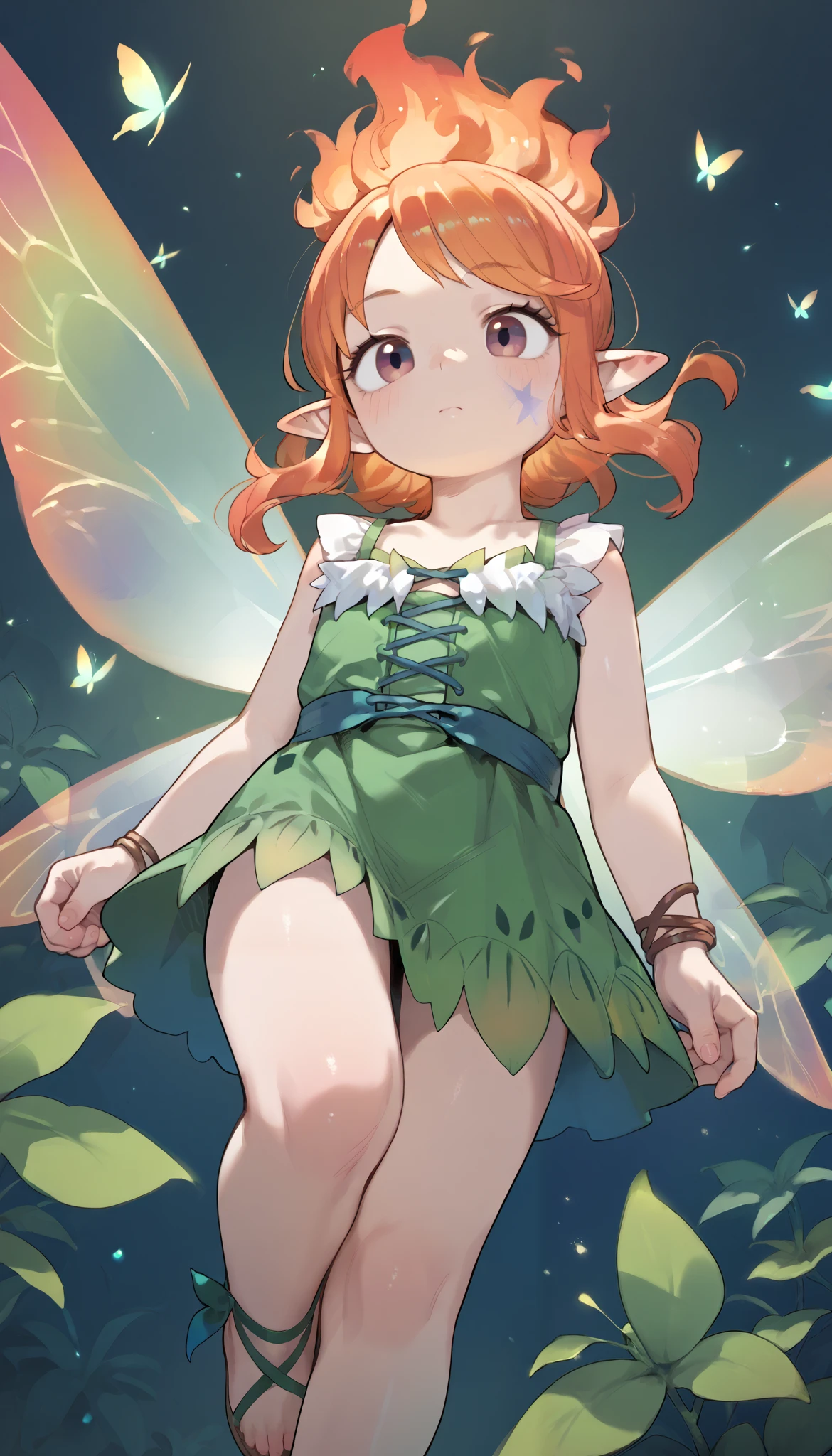 nsfw,(((masterpiece))), Best Quality, Beautiful fairy woman, Very detailed, Cute and lively, fuchsia_Mini Dress, Shiny skin, Long Orange Hair, Green Eyes, pointy earsfairy wings, Fantasy Background, Magical、Huge Breasts:1.2、skirt lift:1.2、(Angle from the front:1.5)、Braids、Overflowing Sex Fluids