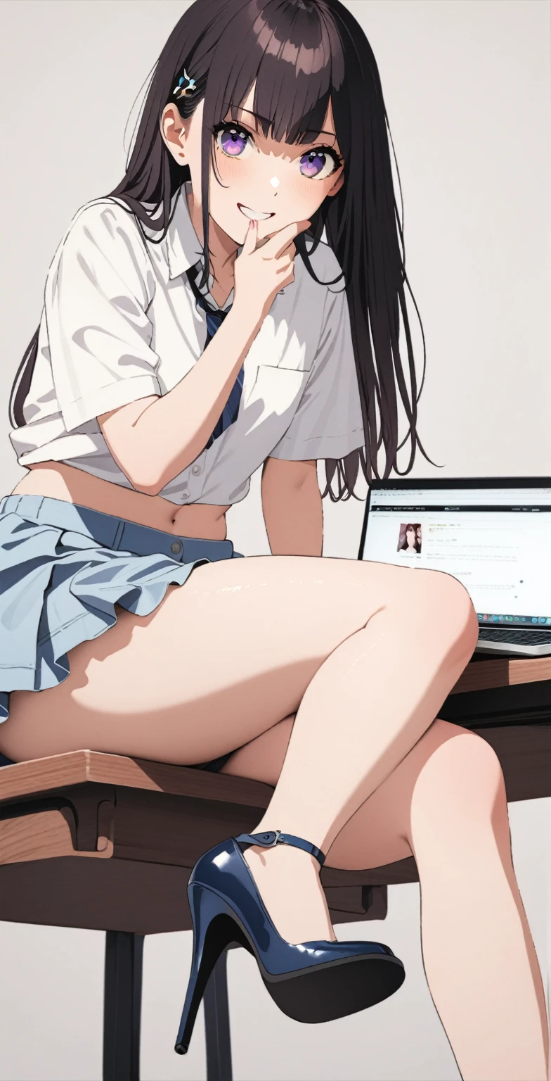  anime girl in high heels sitting on a chair with a laptop, a hyperrealistic student , hyperrealistic student ,   Cute schoolgirl  , realistic student , teasing smile, seductive anime girl, student, sentado On a table, sitting On a table, beautiful anime high student, thighs!!!, thighs, On a table, thighs close up, sitting casually