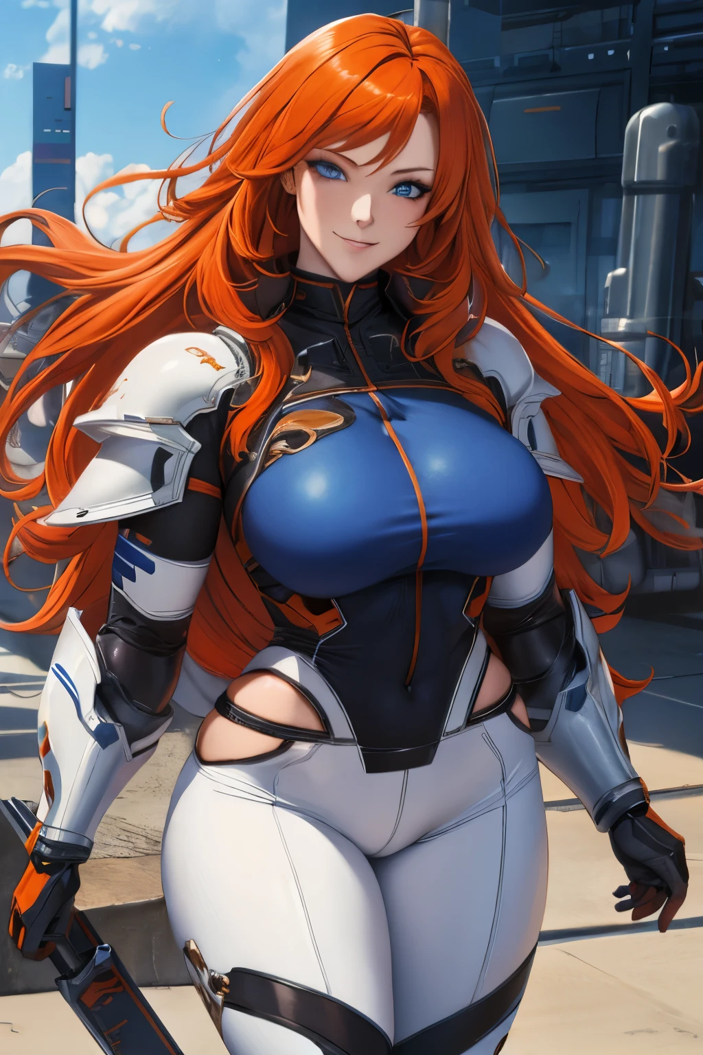 masterpiece, best quality, Woman , pretty face, long orange hair, ginger hair, blue eyes, smiling, White cyber armor, black pants,