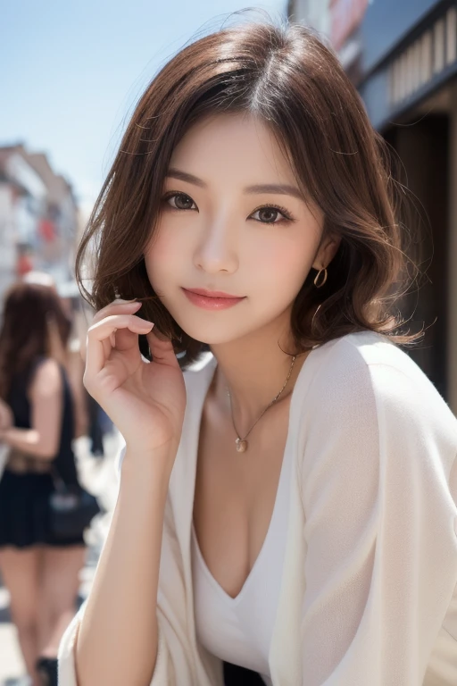 ((best qualtiy, 8K, tmasterpiece:1.3)), Focus:1.2, Perfect figure beautiful woman:1.4,, ((Cut hair in layers, Beautiful breasts:1.2)),(Rain, Street:1.3),Highly detailed facial and skin texture, A detailed eye, double eyelid,Whiten skin,Long whit hair,ssmile