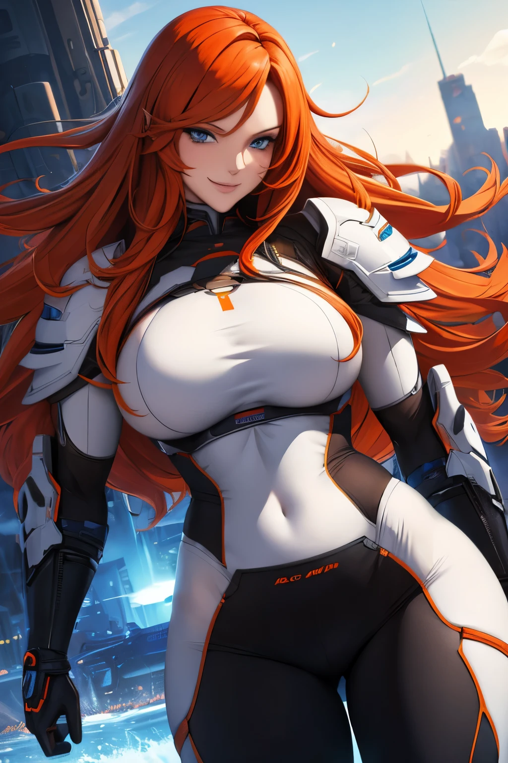 masterpiece, best quality, Woman , pretty face, long orange hair, ginger hair, blue eyes, smiling, White cyber armor, black pants,