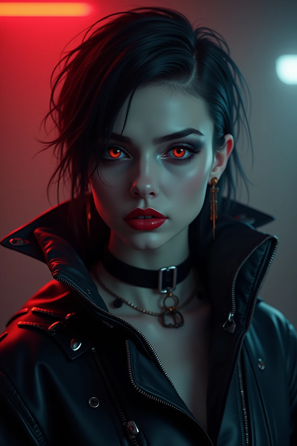 masterpiece, best quality, highly detailed,1girl, covering mouth with hand, emo hairstyle, shy smile, messy hair, big breasts, adult, split-color hair, black and white hair, eye shadow, black lipstick, street at night, neon lighting,(best quality,4k,8k,highres,masterpiece:1.2),ultra-detailed,(realistic,photorealistic,photo-realistic:1.37),gothic woman,cyberpunk,red eyes demon