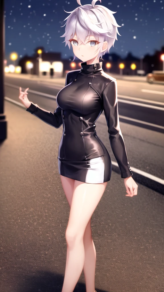 masterpiece, best quality, girl, solo, looking at viewer, lugh_tuatha_de, white hair, grey eyes, large breasts, sweater dress, long sleeves, turtleneck, outdoors, street, standing, cowboy shot, night