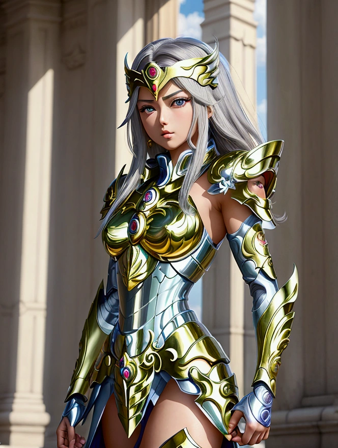 1girls, beautiful, Saint Seiya, In city, front view, potrait hyper realistic image 