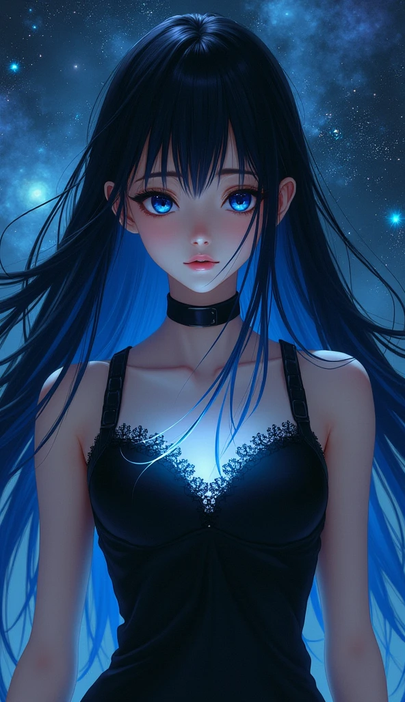 Anime Girl、dark、Gothic、Black Hair、Smooth Long Hair、Twin tails、Light blue eyes、Black idol-style dress