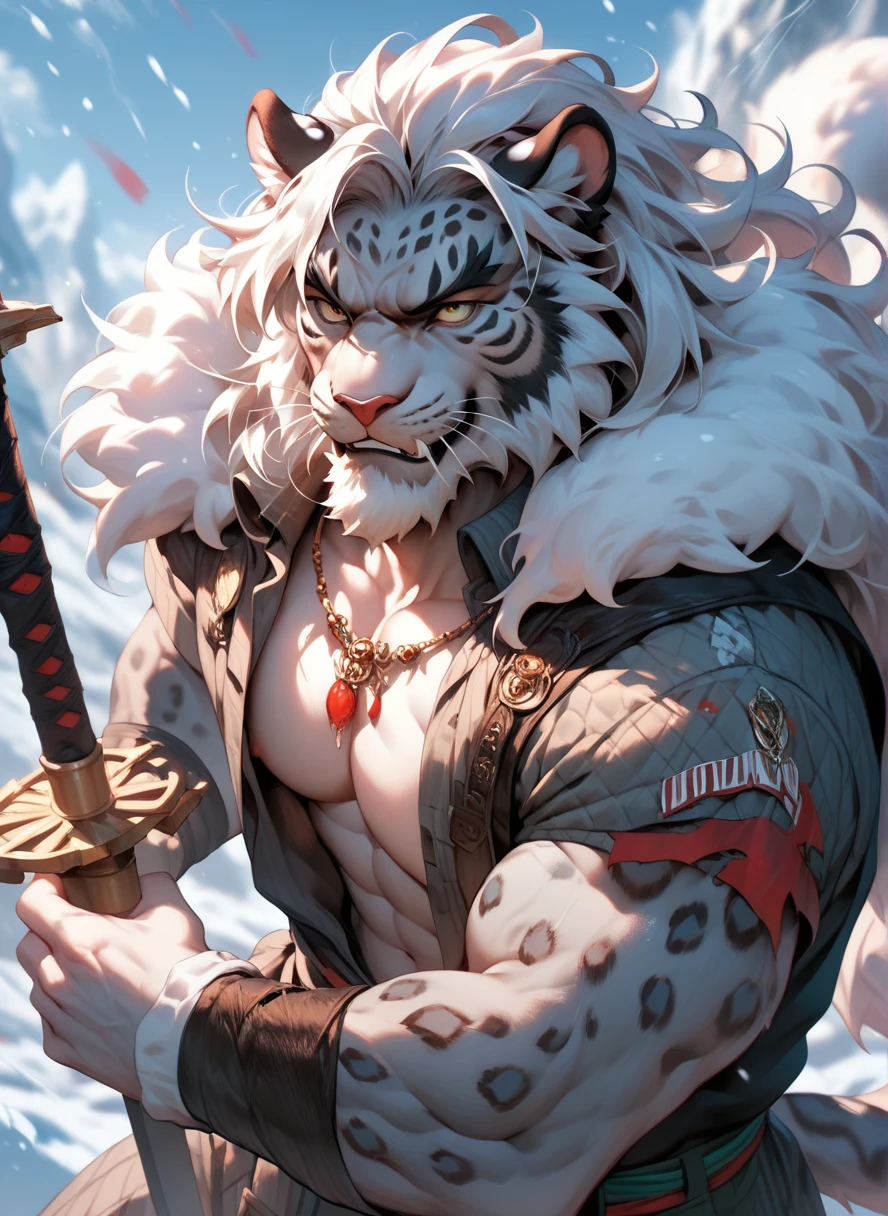 A highly detailed photograph depicting a fantastical mythic scene in Fanmytwor style. A muscular, bearded warrior and a large, surreal snow leopard. The image combines elements of fantasy and realism, creating a dynamic and visually striking scene.
