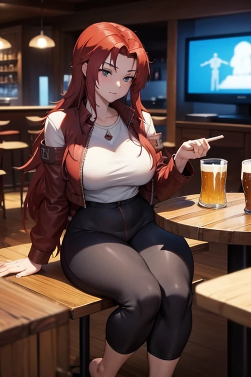 8k full color, bar table, table with food, feet on table, casual clothing, Huge chests, athletic builds, watching TV, huge hips. hourglass figure, 2 beers on table.