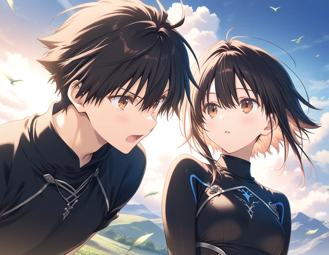 1boy,2girl, tomboy, little female, small breasts, beautiful breasts, beautiful detailed eyes,open mouth, outdoors,wind, fantasy, game CG, break,((artist:mitsumi_misato)),(artist:fujiyama),(artist:suzumori),(masterpiece), (best quality), (ultra-detailed), very aesthetic, newest, beauty illustration,super detailed skin, (masterpiece), (best quality), (ultra-detailed), very aesthetic lighting,newest ,hi res,absurd_res,2023,shaded,digital media (artwork), realistic lighting, 4k, 8k, 