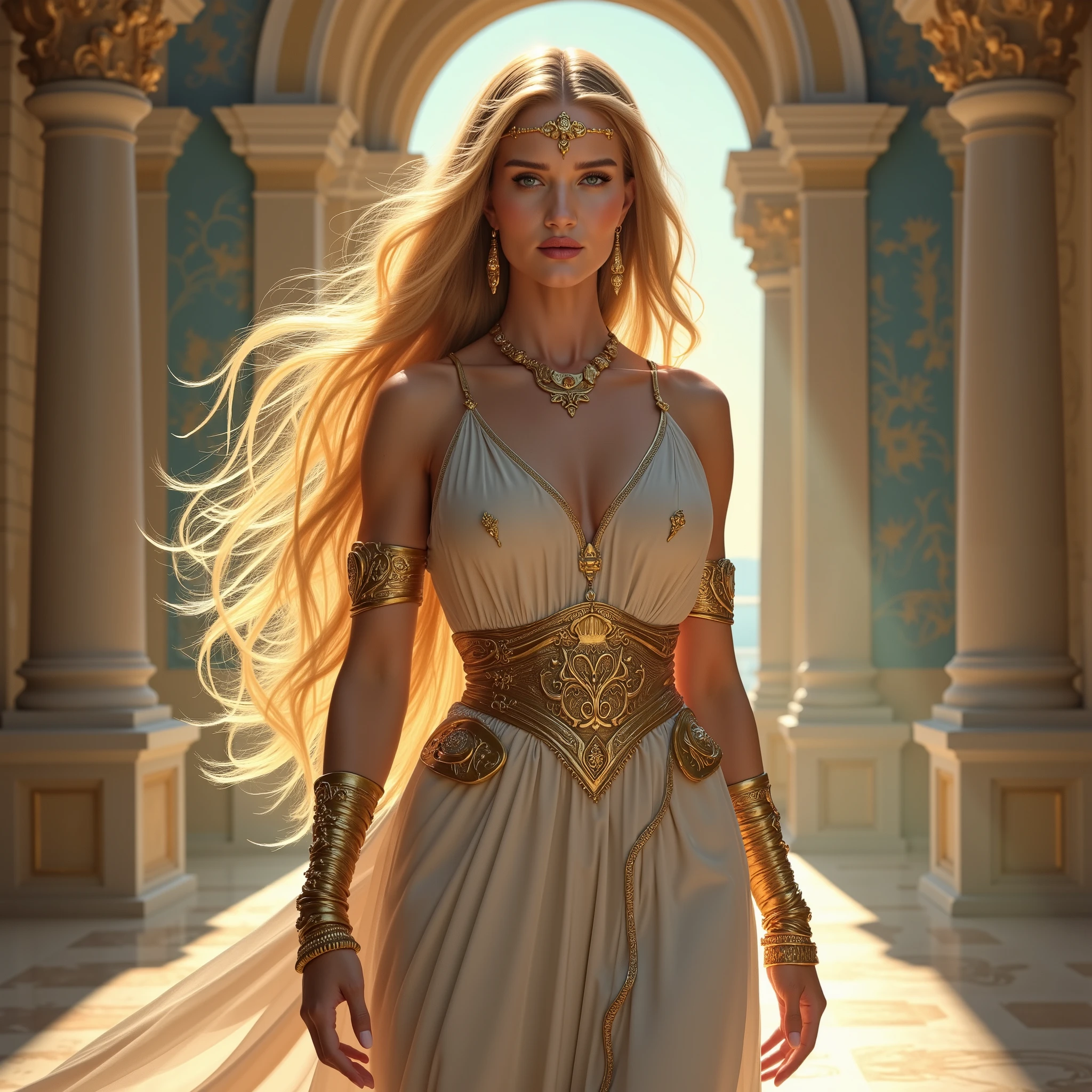 Create a breathtaking image of Octávia, a celestial and powerful figure from the year 14 B.C. Her appearance should embody both elegance and strength.Hair: Long and flowing, extremely blonde with a radiant, almost luminescent quality that adds to her ethereal presence.Eyes: Bright, intense blue that conveys a sense of depth and formidable power.Skin: Impeccably smooth and radiant, enhancing her literally perfect beauty.Face: Her features should be flawless and symmetrical, highlighting her celestial beauty. Her expression should convey both grace and determination.Attire:Design: Choose an elegant Roman-inspired outfit that reflects her status and power. Consider a combination of a richly detailed tunic or dress with intricate patterns and ornate gold accents.Material: Use luxurious, flowing fabrics that hint at her celestial nature, such as silk or fine linen with metallic threads. Incorporate elements like delicate gold embroidery or embellishments.Armor: Add lightweight, decorative armor elements that blend seamlessly with her outfit. Include ornate details like embossed patterns or celestial motifs that highlight her power.Additional Details:Accessories: Consider adding a flowing cape or mantle that enhances her regal presence. Include accessories like a tiara or diadem with celestial motifs to emphasize her divine status.Posture: She should stand with a commanding and graceful posture, reflecting her strength and celestial nature.Background: Set her in an opulent Roman palace with grand architecture. Include elements like marble columns, intricate mosaics, and luxurious furnishings to complement her regal appearance. The background should have soft, glowing light that enhances her ethereal presence.