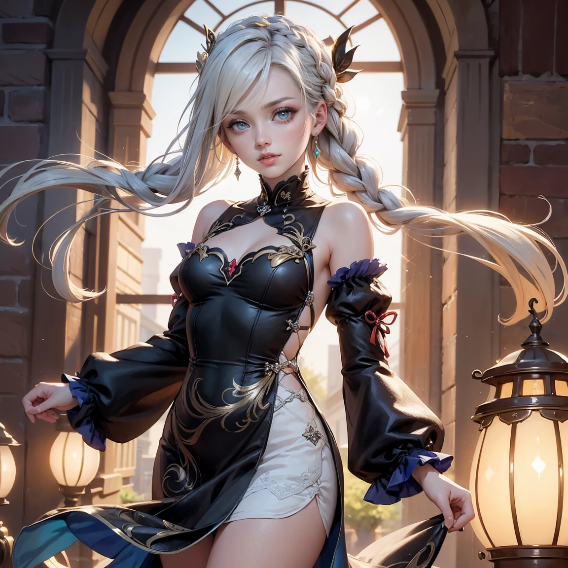 (best quality:1.3),(masterpiece:1.1),(illustration:1.2),(ultra-detailed:1.2),beautiful detailed yellow eyes,(medievil:1.2), lifted skirt, transparency, small body, small breasts
(Extremely detailed background:1.1),(mountain), night, moon,castle on the distant mountain,
(all-fours),looking back, (raise butt:1.2),(close to the butt:1.3),smiling
(1girl in Balcony:1.4),Balustrades on balcony,(wariza:1.2)
(1girl:1.3),(solo:1.3),(silver hair),(long hair:1.1),full body,black stocking,
tulle
