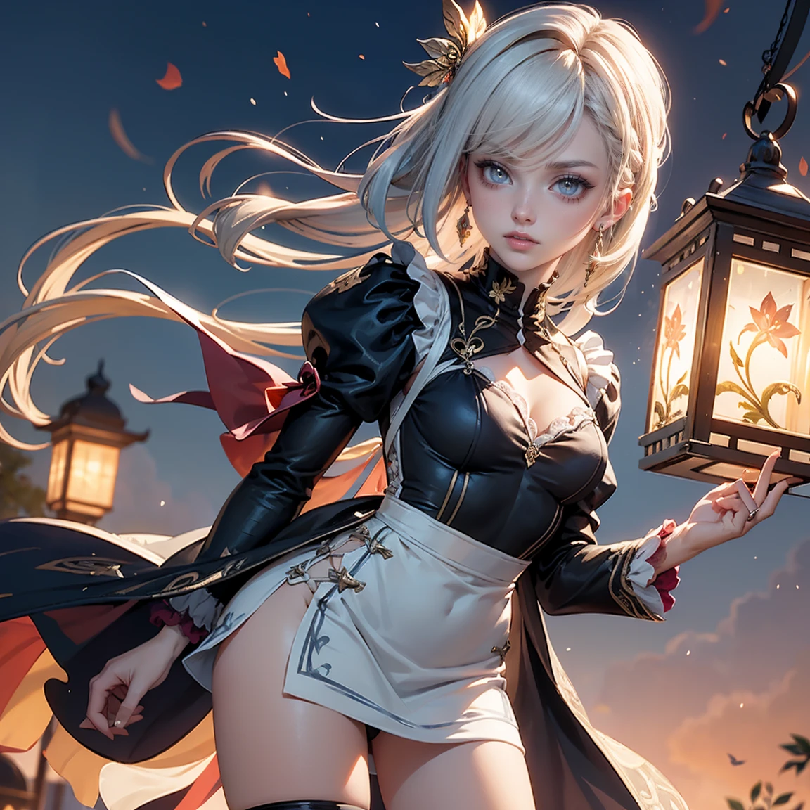 Furina_(genshin impact), white roses, ornament hair, white roses on her hair, succubus, a vampire girl, holding a strawberry with chocolate, perfectly body, perfectly hands, white hair, blue hair, long hair, seat on a bed, chinese home style, oriental architecture, gold lantern, white dress, more details on her clothes, golden details, night, smiling, coat,