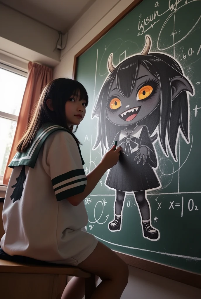 ultra-realistic, photorealistic, dramatic scene, shadow, global-illumination, solo, (20 years old Japanese famous idol girl:1.5), very beautiful fragile Japanese girl, very beautiful with very cute but boyish cool face, she is Japanese high school student, wearing high school sailor uniform, in a mathematics classroom, She draws very realistic smiled Chibi-anime-devil-black-girl on a large blackboard using only chalk , the chibi-anime-devil-black-girl that she is drawing is 1girl\(dark black devil,cute,big eyes,large circle eyes,black skin,evil smile,long nail,orange eyes, vivid orange eyes, dark black skin, looking down,wearing capelet\(big,long,Tattered\), backlit,full body\), window with curtain, A magnificent large work using the blackboard as a canvas, many complecated graphs and integral formulas of plans are on the blackboard, she is holding a chalk and looking at viewers, shoot from below