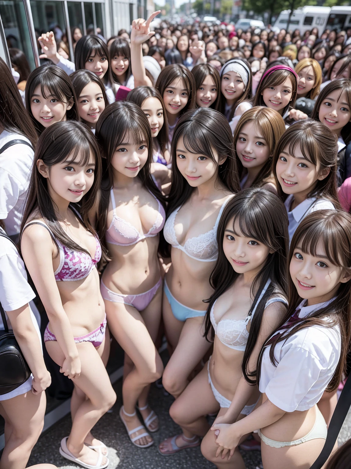 Raw photo、((((completely nude)))),((((fullnude))))、((((nakeness))))、(((multiple girls))),((((6+girls)))),((((100girls)))),((((1000girls))))、((((100 Girls))))、Women only、The same face、((((Large group))))、17 years old、Long black hair、fullnudeで登校中のかわいい女子高生100人、a smile、Commuting to school、School route、In the street、selfee、same person、High school students