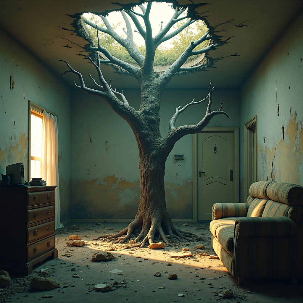 Spooky , horror photograph ,A large kids bedroom but everything is a jungle with vines hanging down, thick jungle plants growing out the floor, tree roots everywhere, monkeys swinging , dirt floor with streams running though, raining inside , Jumanji <lora:add-detail-xl:1>