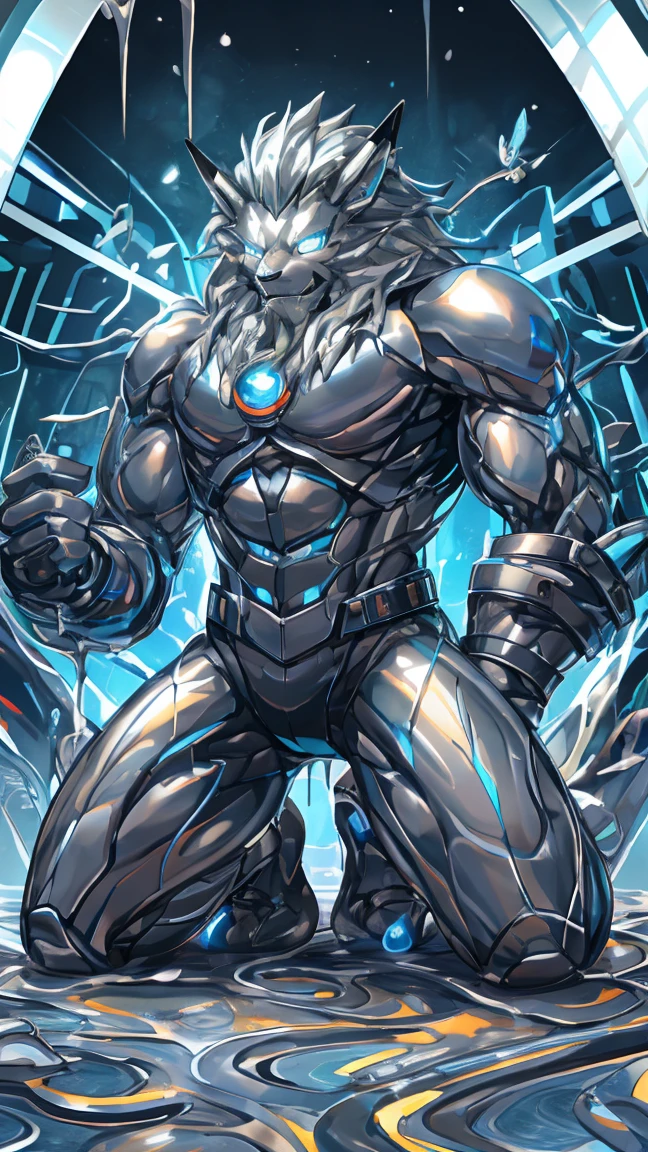 male, Synthesizer , metal silver slime body,  silver metallic sticky mucus , sticky skin ,sticky skin,Machine Tool , Android, Leomon Silver Lion ,Digimon,lion,male, network Hive. Full Body Mechanical Bodysuit . Mechanical Lion  . full-body photo . Liquid Metal Mecha Cover .silver metal bodysuit, Glossy Metallic Bodysuit ,  Evil Smile . blue glowing eyes.细节皮肤 Digimon,Blue Glowing Streak . Neon Light Tattoo ,Intricate skin details, Smooth Reflective Leather . kneeling position .legs spread..liquid metal pool.liquid metal tentacle.INSECT NESTS.Big crotch bag.erect.absorption, goo skin, silver slime, enamel,unrecognizable ,Transform  ,,melt,Tentacles,gender.Drooling.. full-body photo .Excited.clear hands and feet .. silver metallic sticky mucus , sticky skin ,goo leather ,  silver smooth leather.Tentacles纏繞身體.黏糊糊Tentacles纏繞身體