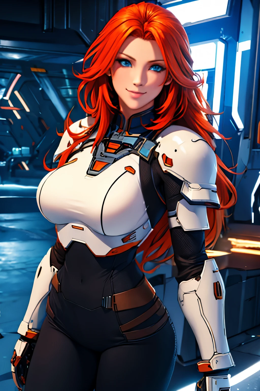 masterpiece, best quality, Woman , pretty face, long orange hair, ginger hair, blue eyes, smiling, White cyber armor, black pants,