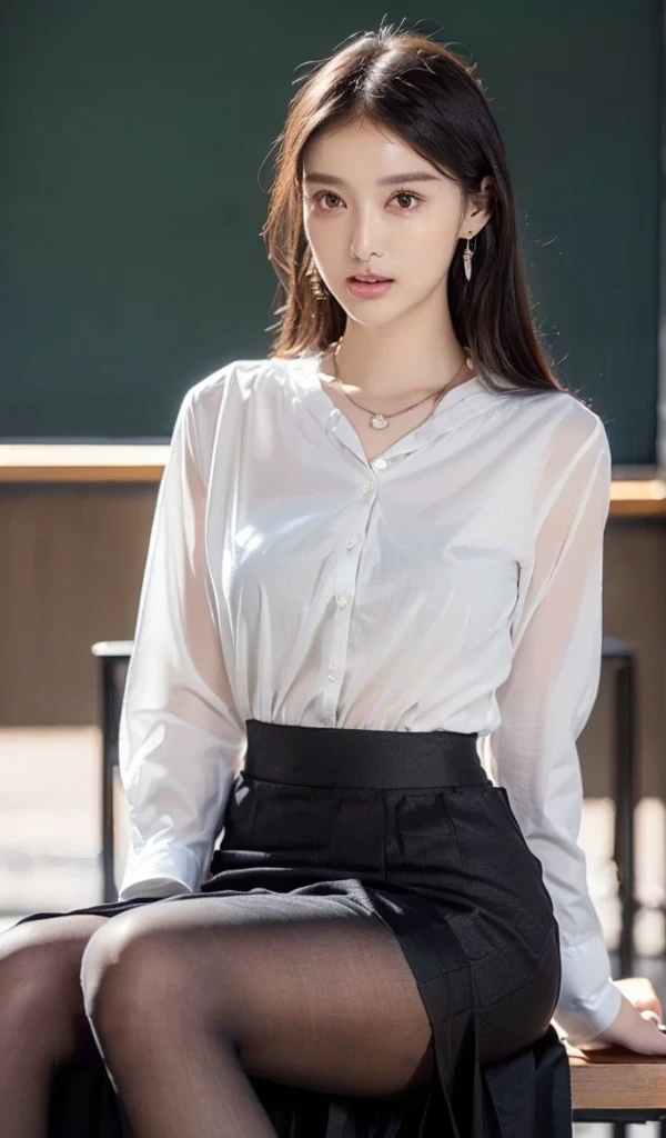  ((15 denier pantyhose black))、 ((( Long skirt slits :1.3)
  , masterpiece,  textured skin,       Ultra High Definition,        best quality, 
8k、4K、       Necklaces       、     bracelet、earring
beautiful skin       、      Beautiful breasts、       soft lighting      、
    ((  beautiful legs:1.1))((( His shirt is open:1.3)))
((  knight :1.2))(( classroom ))
 (Beautiful woman sitting:1.2)( valley)
(  transparent :1.2)Nipples、(teacher:1.3)
