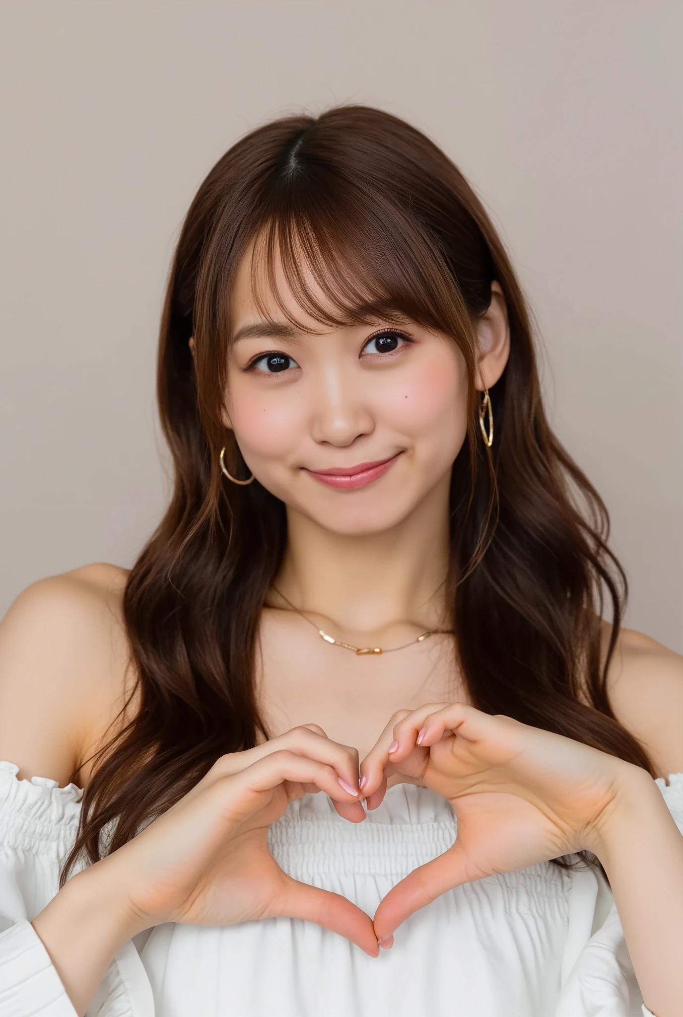 A smiling woman is posing alone wearing off-the-shoulder pajamas, making a firm big heart shape with both hands, and holding them in front of her chest, View above collarbone、The background is a monotone 、
