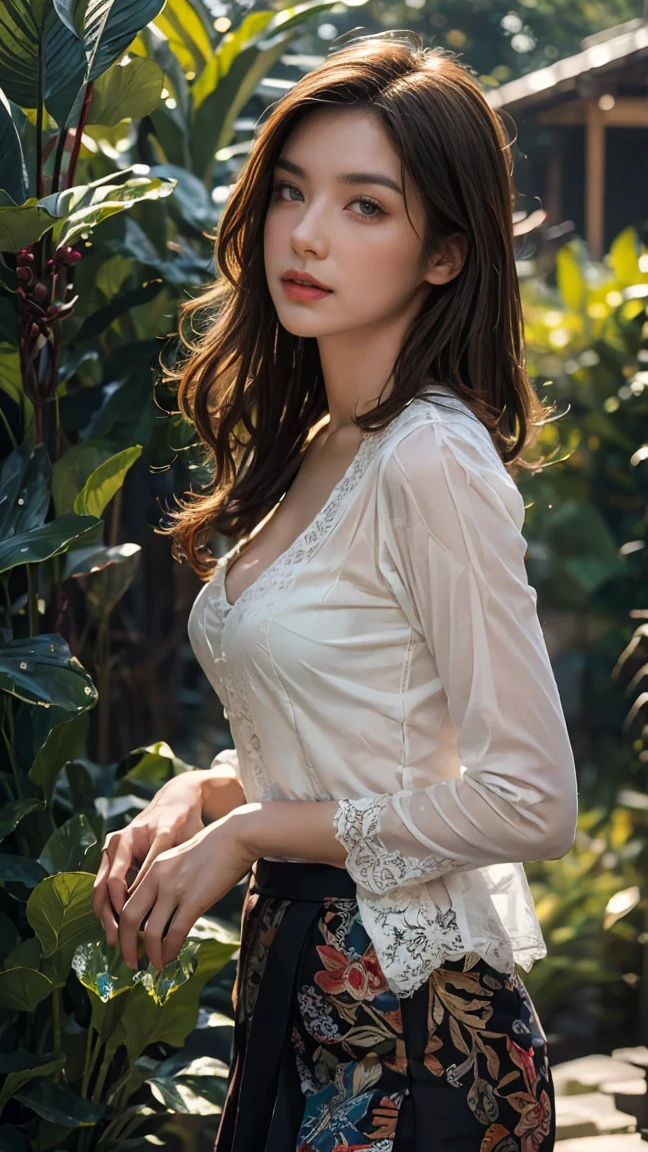 1 Indonesian-Dutch girl, 25 years old, long fashion hair, fit body, small cleavage, skintight black lace kebaya, batik skirt, highly detailed, ultra hd, 8k, detailed face, bright eyes, perfect eyes, detailed lips, sexy lips, perfect hands, dynamic angle, cowboy shot, (hyperrealistic), (illustration), (high resolution), (8K), (extremely detailed), (best illustration), (beautiful detailed eyes), (best quality), (ultra-detailed), (masterpiece), (photorealistic), (natural light), (detailed face), (high detailed realistic skin texture), (anatomically correct), (solo), (high detailed realistic hair), (caramel hair), (heterochromic eyes), (detailed eyes), (brown eyes), (realistic big breasts), (slender abs), (dynamic pose), (closed tiny mouth), (concentrated expression), (dimple), (a girl playing in the garden), (wet clothes), (transparent clothes)