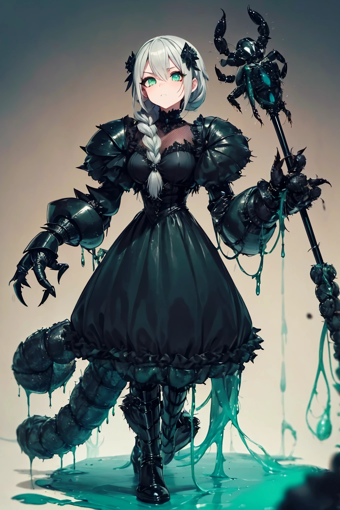 Scorpion girl. Black gothic dress. Scorpion tail. tail encased in a black shell. Crustacean. Gothic Cane. Silver hair. Horror eyes. Single braid. Crustacean left hand. Black gloves. Spider eyes in her hair. Dripping green mucus.