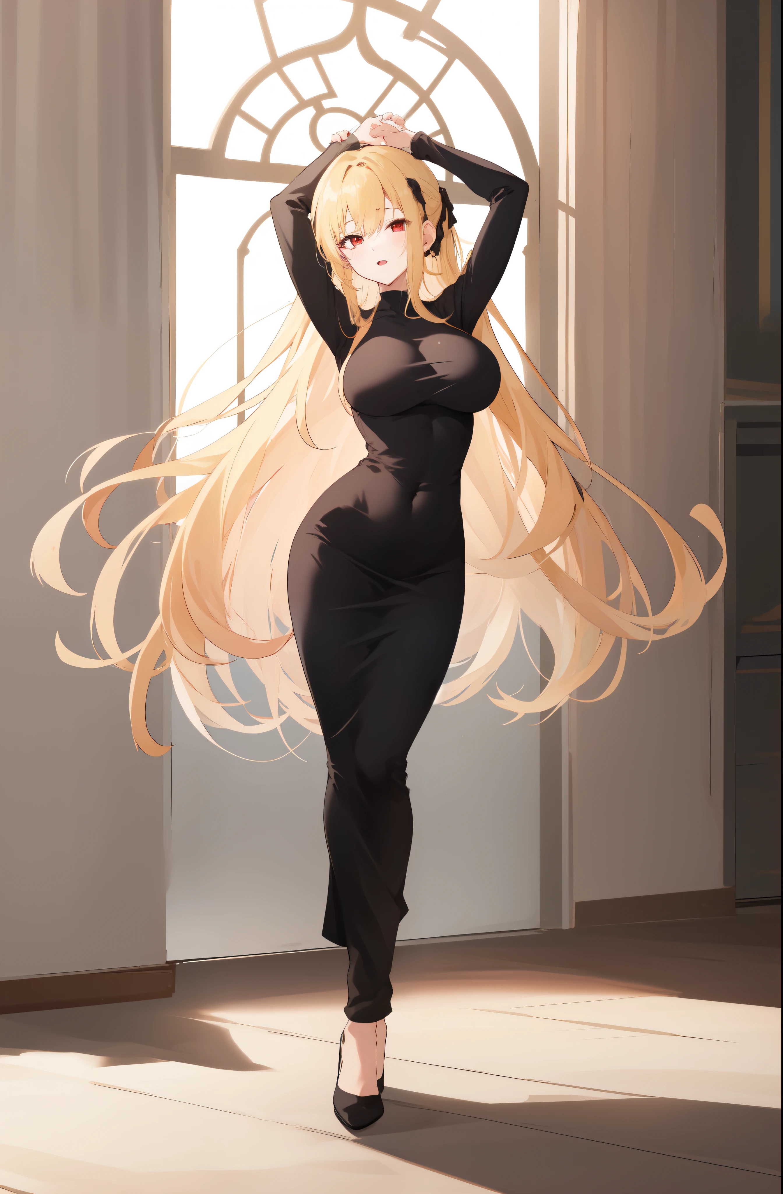 masterpiece, dress, black dress, Black dress, Black Dress, dongtan dress, Dongtan dress, Dongtan Dress, black dongtan dress, Black dongtan dress, Black Dongtan Dress, highres, Super detailed, very detailed, highest quality, best quality, super detailed, standing, high quality, high-definition, extremely detailed, mature female, full body drawing, Full body drawing, straight body, slender body, Slender body, Slender Body, (large breasts), (masterpiece), (best quality), (hyperdetail), (illustration), ((extremely delicate and beautiful)), (detailed light), (prefect's body), hanging hand over head, {{{{{long hair, Long hair, Blonde hair, blonde hair, blonde, Blonde, Red eye, red eye, Red Eye, binyeo, Binyeo}}}}}, sexy, sexy belly line