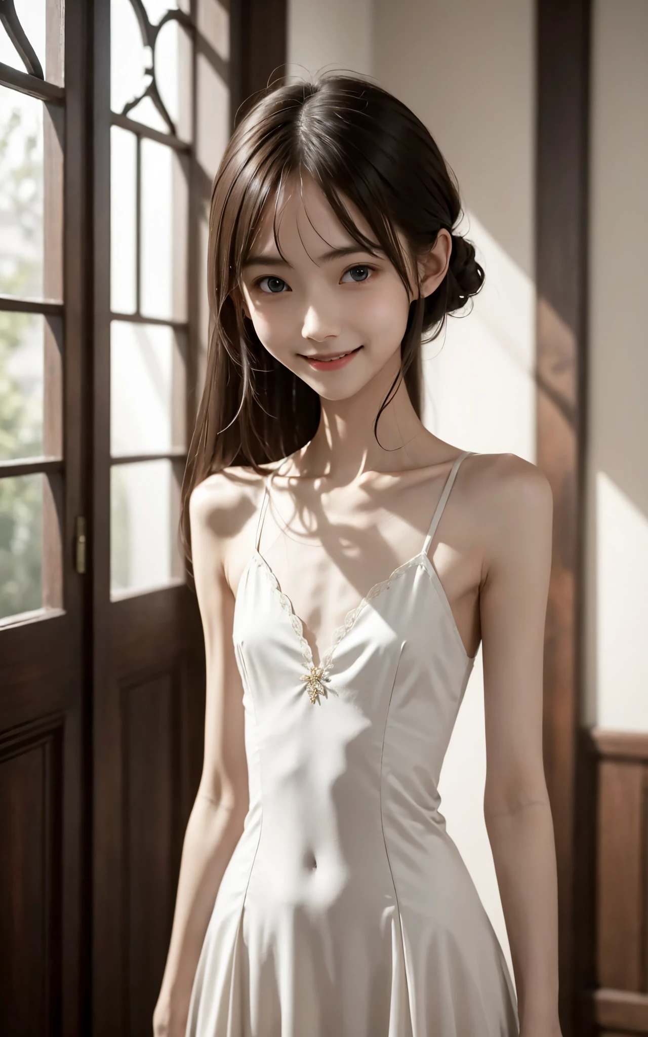 Thin arms,Narrow shoulders,delicate, very skinny ,公式art,  Unity 8k Wallpaper,  super detailed, beautiful, beautiful, masterpiece,  best quality, Darkness,  vibe, mystery, Romanticism, Creepy, literature, art, fashion,  victorian , race,  supernatural ,smile, white skin