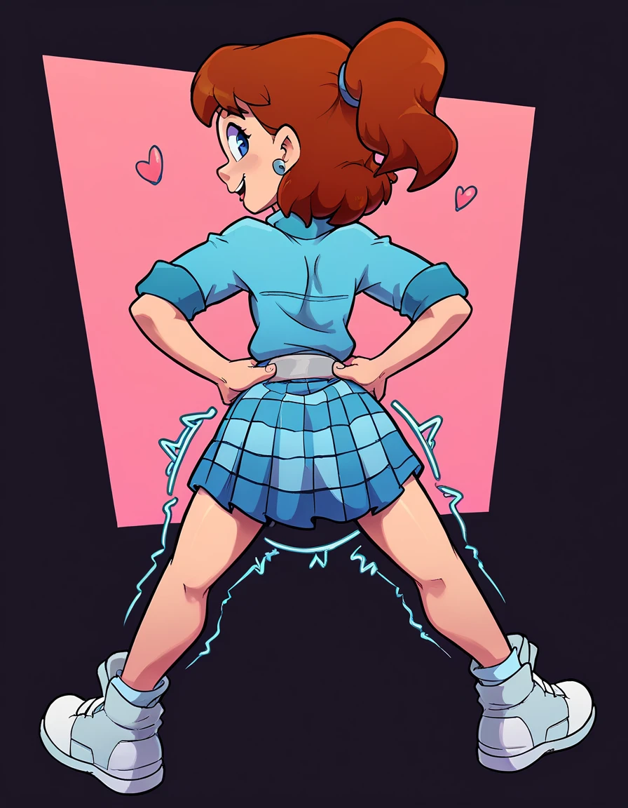 1girl, full body, solo, jenny, brown hair, ponytail, blue eyes, earrings, blue shirt, plaid Skirt, Butt Clench, perfect body, sexy, sexy legs, looking at viewer, crass girl, bad girl, naughty face, hearts, heart Background, back view, hands on hips, butt shaking left to right, ass Shaking, twerking, gyrating, open legs, spread legs, looking back