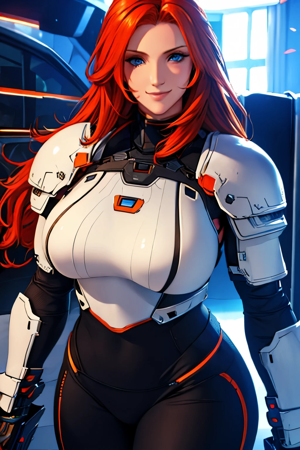 pretty Woman , long orange hair, ginger hair, blue eyes, smiling, White cyber armor, black pants,