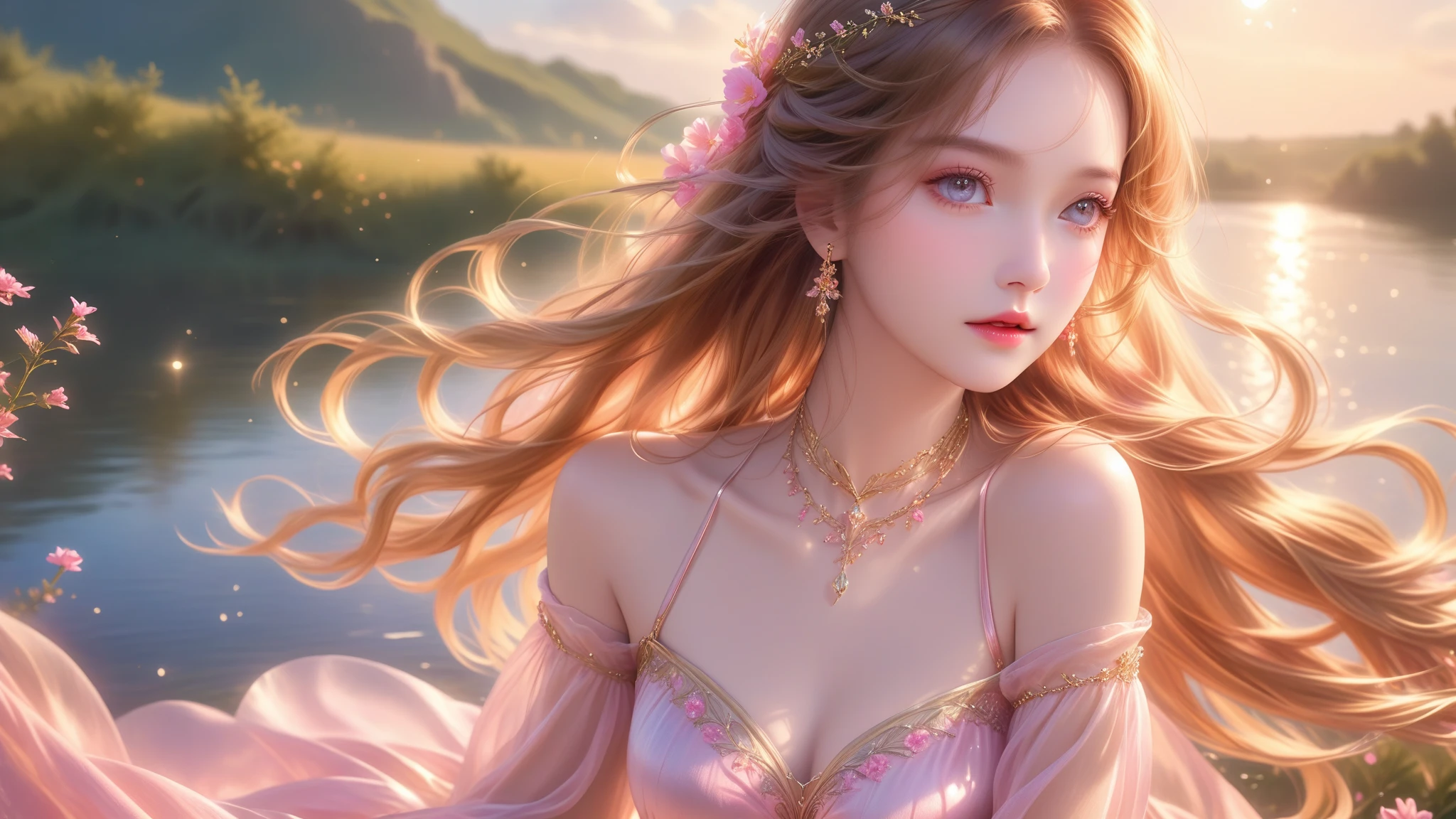 A Masterwork In 32K Resolution, Unmatched Quality, Ultra-Fine Details, Official Art, Supreme 32K Wallpaper, Gorgeous And Ethereal, Highly Detailed Features, Spellbinding Detail, Dutch Angle, Hyper-Realistic, Summer Landscape. One Girl, Solitary, Golden And Wavy Hair, Long And Flowing, She Is Wrapped In Delicate, Sensuous Silk Fabric, Off-The-Shoulder, Highlight Her Ample Breasts, Ruby Choker, Exquisite Cleavage, Radiant Sunset, Floating Glimmers Surrounding Her. The Composition Of Her Ethereal Beauty Is Otherworldly, With The Reflected Adding Depth And Magic, Enhanced By Gentle, Dreamlike Lighting That Captures Every Nuance. Her Sculpted, Angelic Face Shines Against The Lush Meadows, Illuminating Her Timeless Grace In This Astonishingly Realistic And Enchanting Scene.