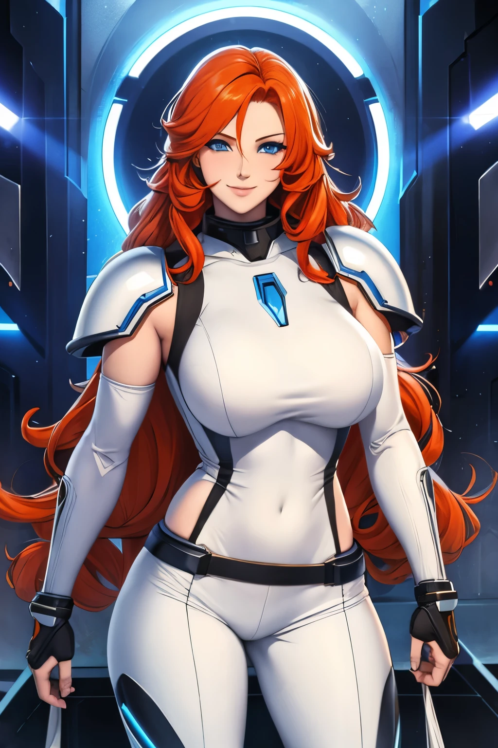 pretty Woman , long orange hair, ginger hair, blue eyes, smiling, White cyber armor, black pants,