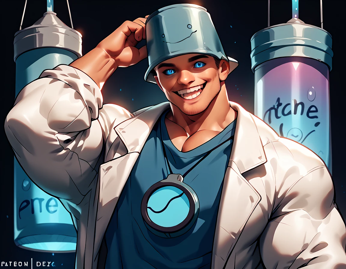  anatomically correct,  Max Image,( huge muscles, huge erect penis),zPDXL2,rating_safe,blue eyes,1boy,Alone,male focus,shirt,looking at viewer,object on head,smile,mismatched sclera,colored sclera,(black sclera:0.5),bucket on head,(hand on headwear:0.8),oversized clothes,open mouth,bucket,upper body,lab coat,(:0.5),Chibi