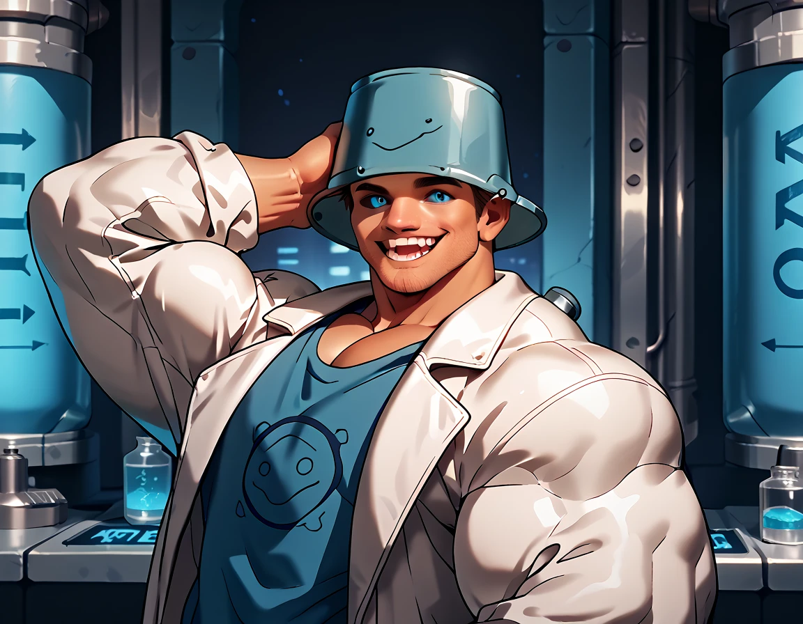  anatomically correct,  Max Image,( huge muscles, huge erect penis),zPDXL2,rating_safe,blue eyes,1boy,Alone,male focus,shirt,looking at viewer,object on head,smile,mismatched sclera,colored sclera,(black sclera:0.5),bucket on head,(hand on headwear:0.8),oversized clothes,open mouth,bucket,upper body,lab coat,(:0.5),Chibi