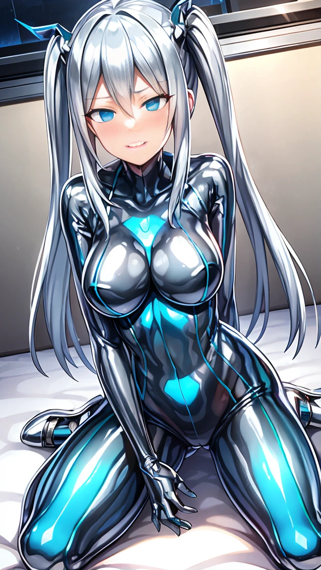 ((masterpiece)), (Highest quality), (Simple style), Silver hair Super long hair Blue eyes Plug suit See-through Slender body Tall Small breasts Covered nipples