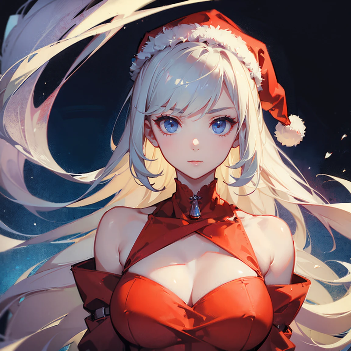 top-quality、Top image quality、masterpiece、teens girl((Red Santa Costume、sixteen years old、teen ager、Best Bust、big bast,Beautiful light blue eyes、Breasts wide open, a blond、A slender,Large valleys、dye one's cheeks red、Leaning forward、White breath、Reflecting the whole body)),hiquality、Beautiful Art、Background with((Fantastic world、Ice Burn City at night、snowflakes falling、Heavy snow falls、snowman、ice tower)))、masutepiece、depth of fields,